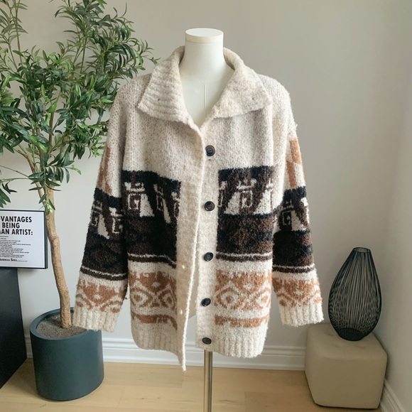 Sweaters - Fair Isle Wool Blend Knit Cardigan Jacket L